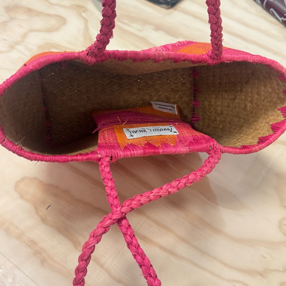 Annabel Ingall Australia Wicker Pink and Orange Straw Tote Colorblock Mini Bag - Picture 5 of 9